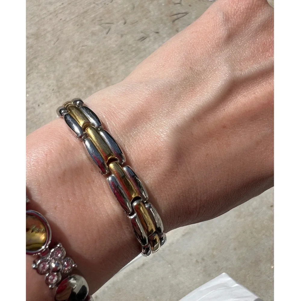 Two Tone Reversible Link Bracelet Gold Silver‎ Tone Fold Over Clasp 7.75 Inch